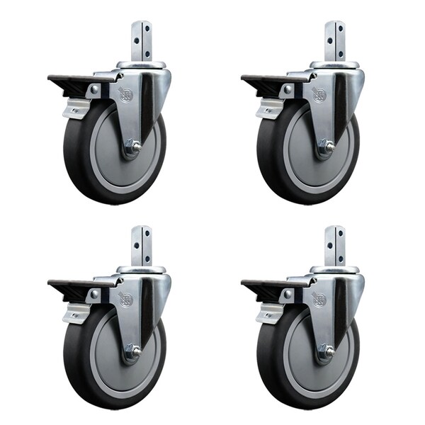 5'' Thermoplastic Rubber Swivel 7/8'' Square Stem Caster Set with Brake, 4PK